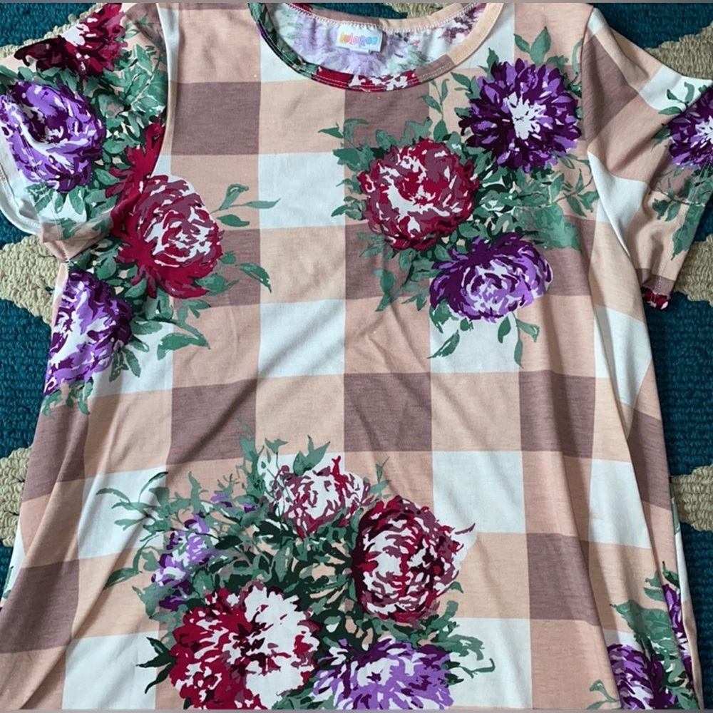 LuLaRoe Floral Checkered Carly Dress - Brown, Purple, Green Sz L - Picture 5 of 10
